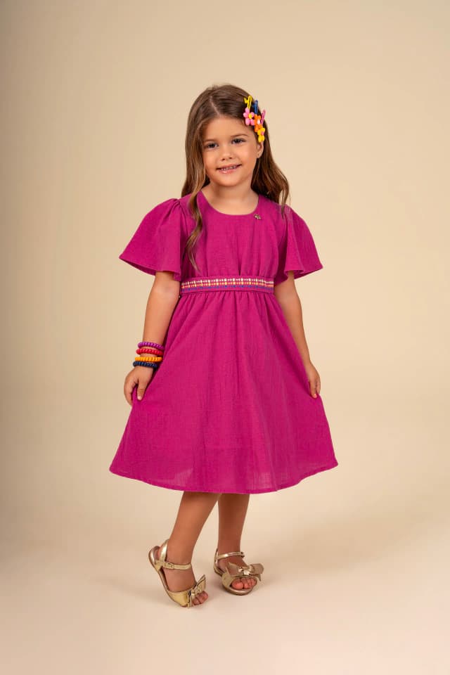 Vestido algodão texturizado com cinto bordado